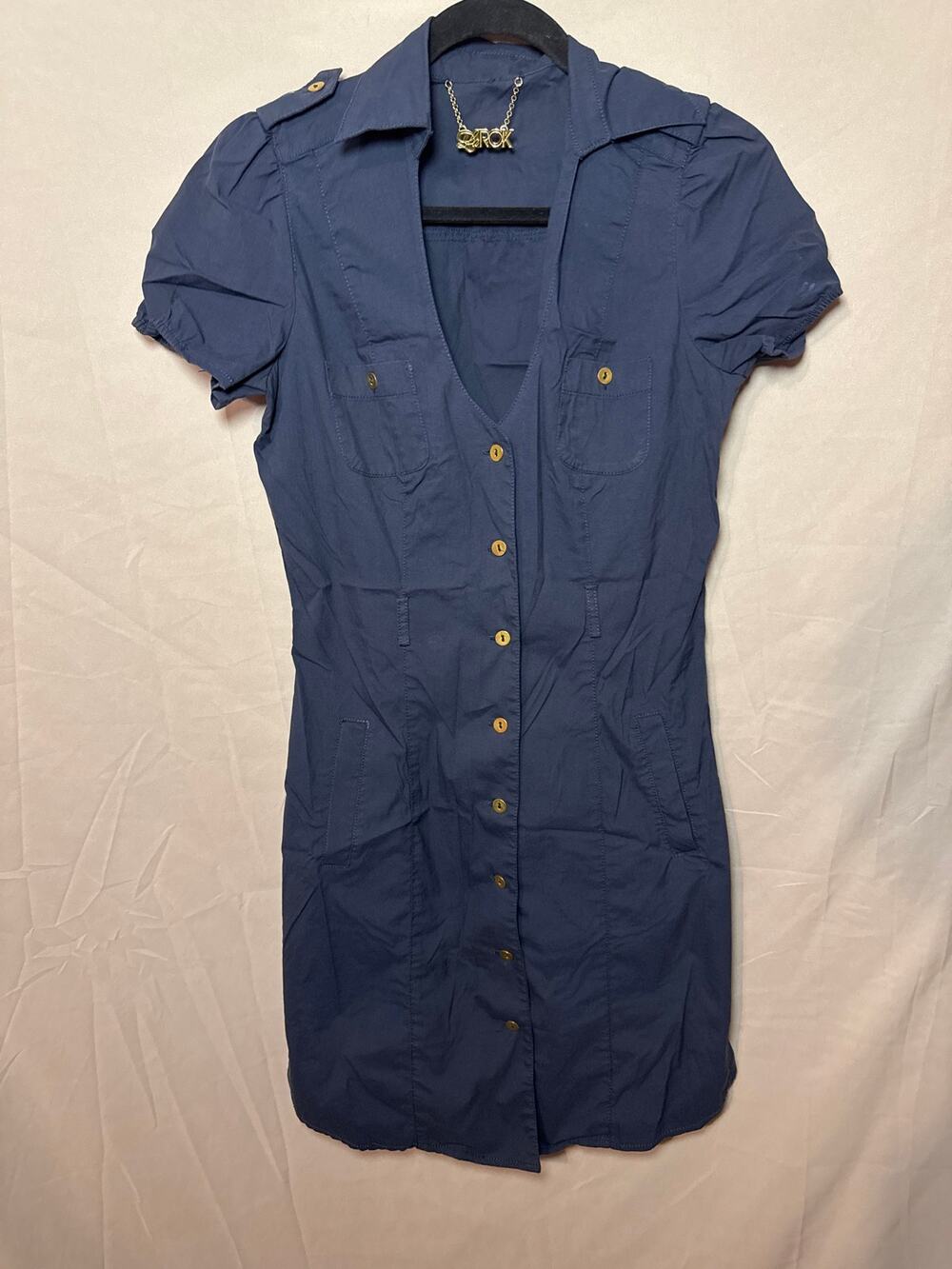 LaROK Blue Cotton Short Sleeve V-Neck Dress with Pockets XS
